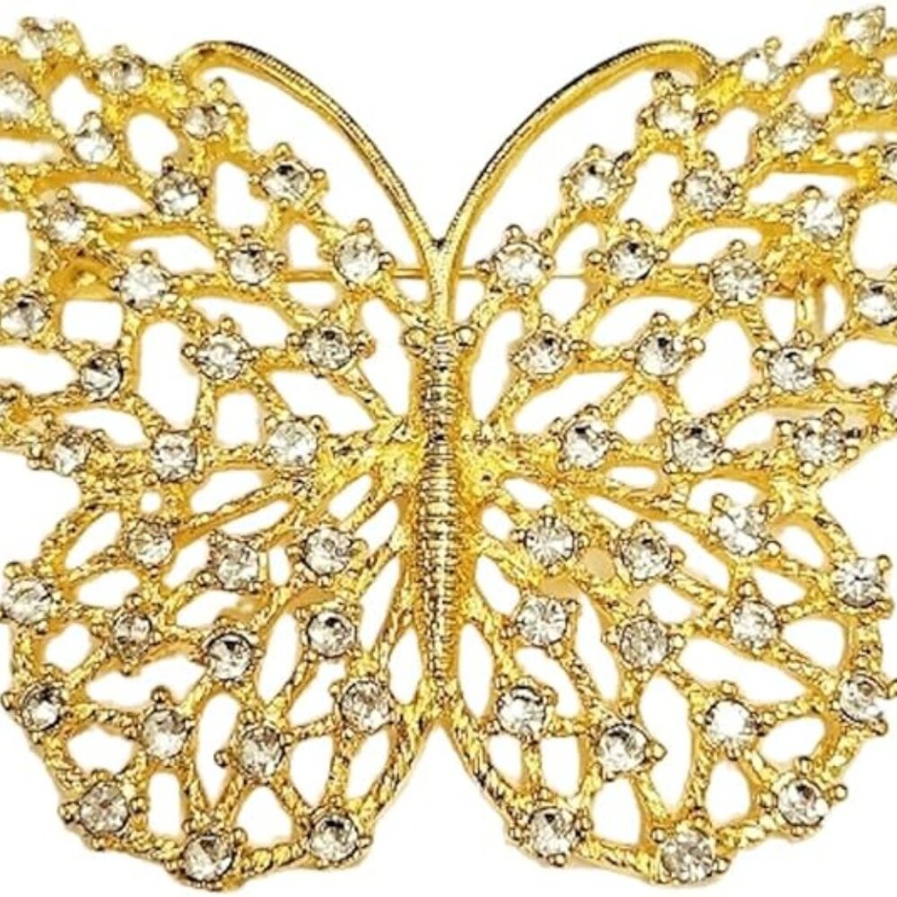 Kenneth Jay Lane, Gold With Rhinestone Open Work Butterfly Pin - Picture 3 of 3